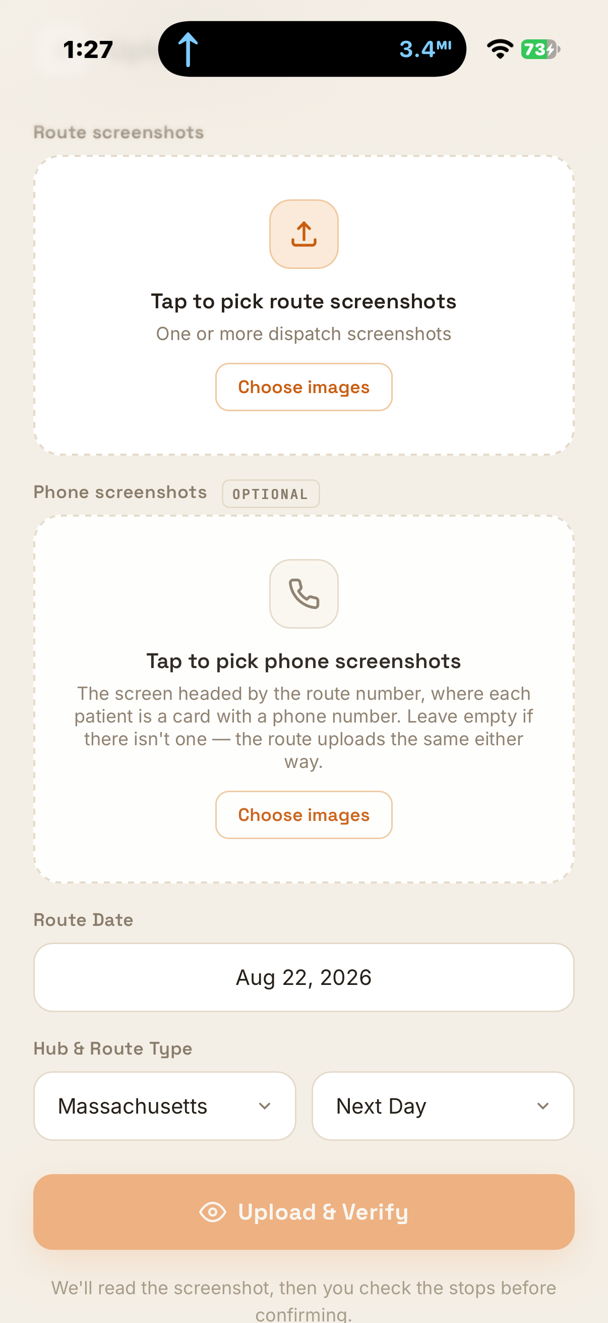 The xAME route upload screen: pick route screenshots, set the date, hub and route type, then Upload and Verify.